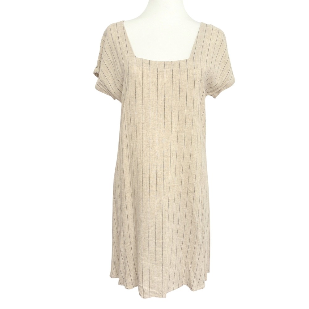 CAMEO Linen Rayon Blend Stripe Square Neck‎ Button Back Lagenlook Dress XS